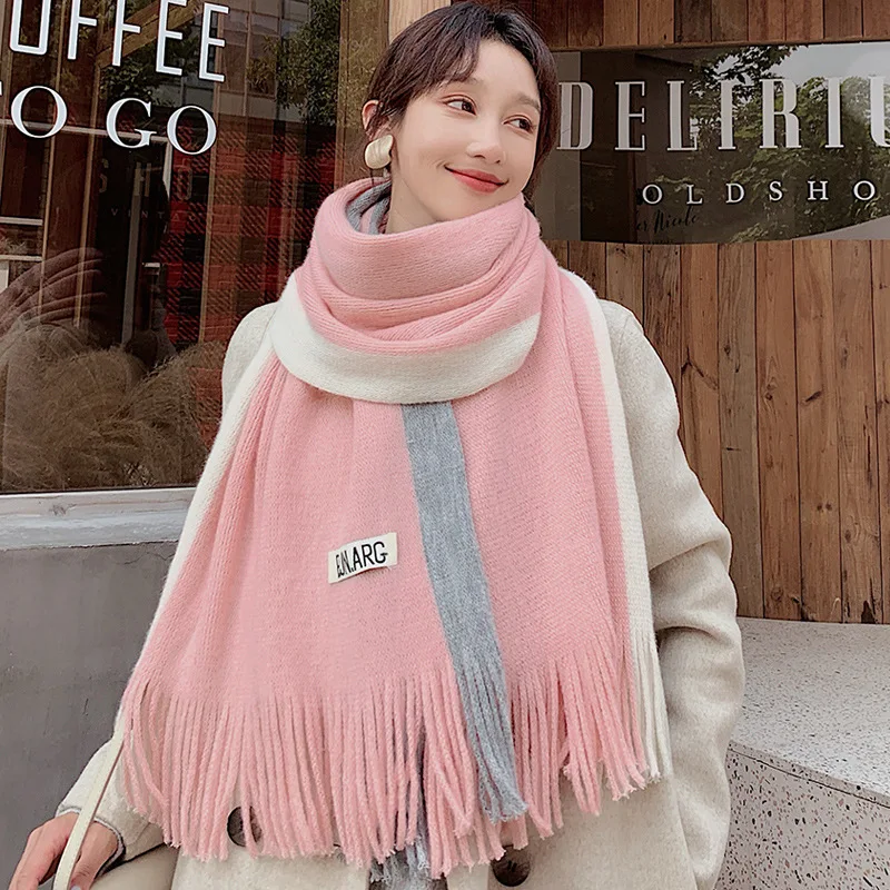 Женский зимний толстый шарф теплый кашемировый вязаный с кисточками модная