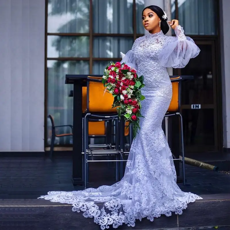 

Белое пышное свадебное платье с длинным рукавом, свадебное платье с юбкой-годе, кружевное платье с высоким воротником и аппликацией из бисе...