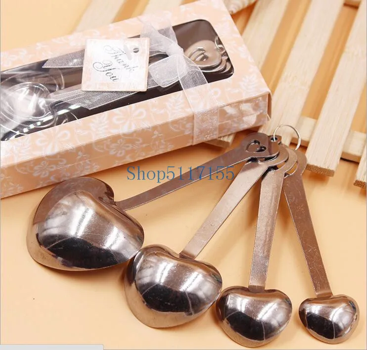 

Delicate 50sets =200pcs/lot Heart Shaped Measuring Spoons Set Wedding Favors LOVE New 4pcs/set for each gift box