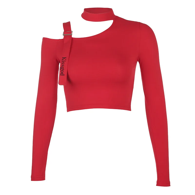 

Women Short Sexy Hollow Out Halter Irregular Collar T-shirt Slim Long Sleeve Base Clothes Tops T1641