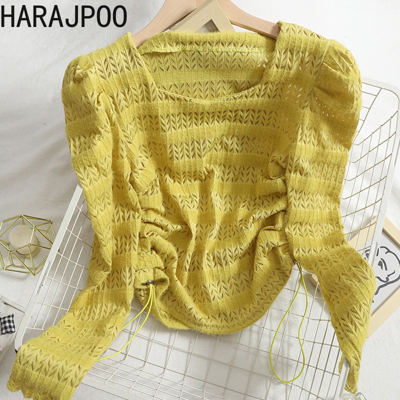 

Shirts Harajpoo Female Puff Sleeve Square Neck Hollow Lace Cropped 2022 Spring Fall New Drawstring Women Ladies Solid Blouses