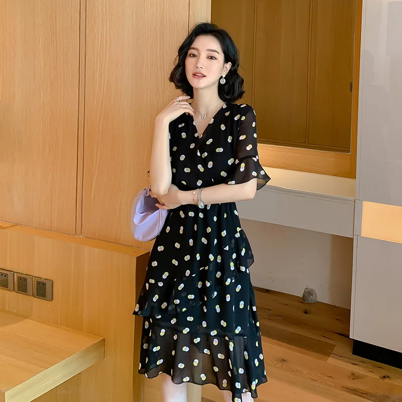 

PEONFLY Black Vintage Spring Lady Chiffon Dress 2020 Spring Summer New Korean Fashion Women Half Sleeve Ruffles Printed Dress