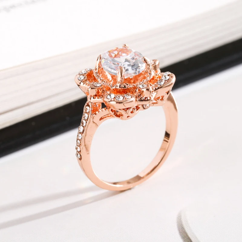 

Rose Gold Color Classical Cubic Zirconia Wedding Engagement Ring For Woman Geometry Crystals Flower Rings Bague Femme Jewelry