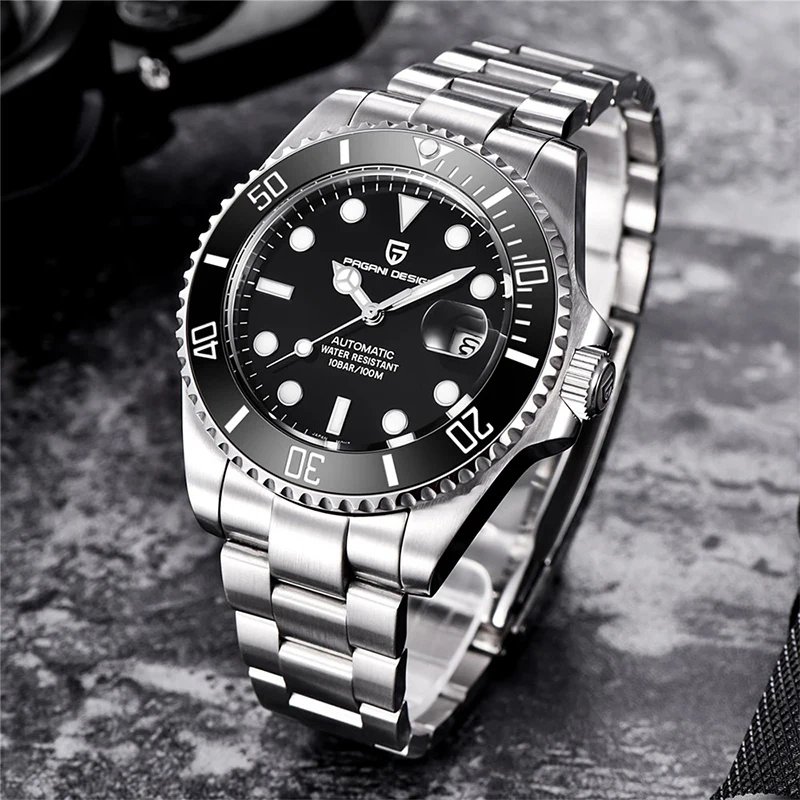 

PAGANI DESIGN Reloj de pulsera mecánico para hombre, de marca de lujo, resistente al agua, de acero inoxidable, automático, negr