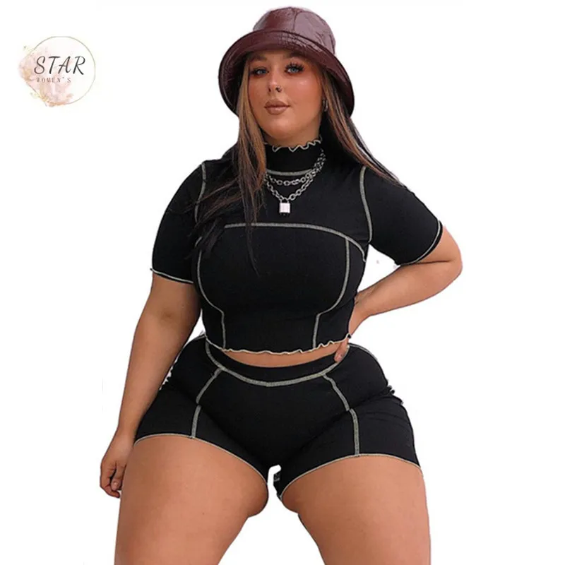 

Plus Size Clothing 2 Piece Set Women Bodycon Super Stretchy Elastic Waist Crop Top and Shorts Sets Casual Wholesale Dropshipping