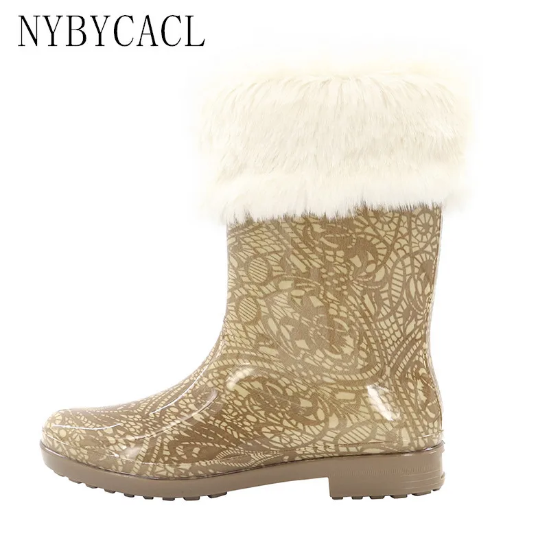 New Plush Lining Print Rain Boots Women Winter Mid-Calf Warm Water Boots Female Winter Waterproof Footwear Slip-on Rainboots