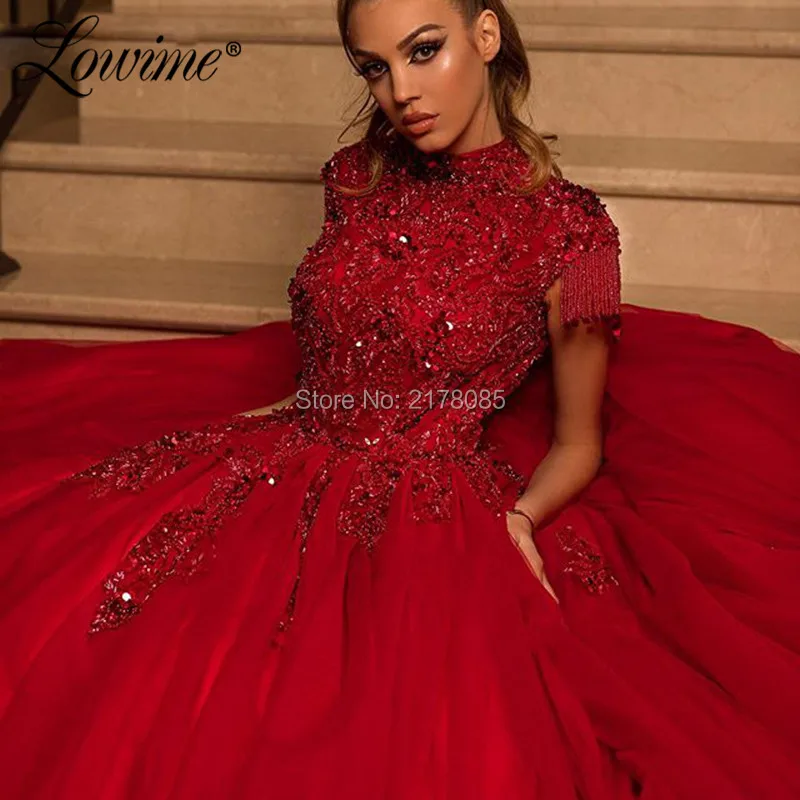 Saudi Arabia Dubai Design Prom Dresses Long Puffy Evening Dress Tassel Beading Customized Red Party Gowns 2020 Robe De Soiree