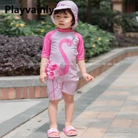 wholesale baby girls swimming wear pink cartoon swan one piece swimsuits with hat children fashion swimwear e71442