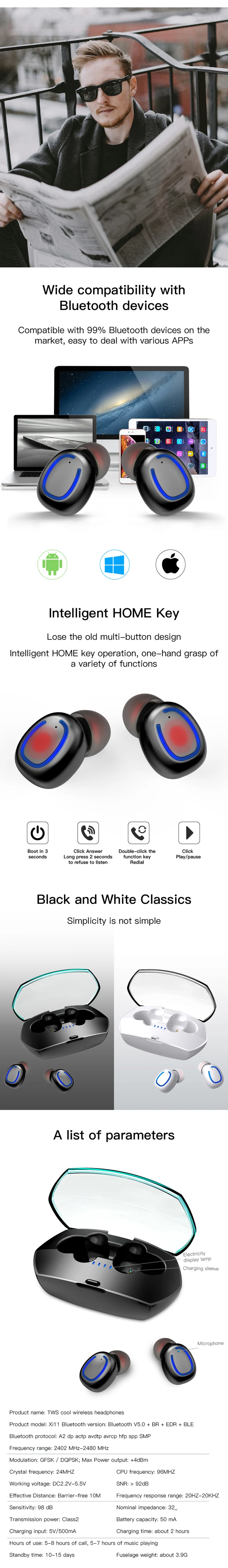 TWS наушники Bluetooth 5,0 беспроводные наушники спортивные наушники 6D стерео звук вкладыши с портативным микрофоном и зарядным устройством