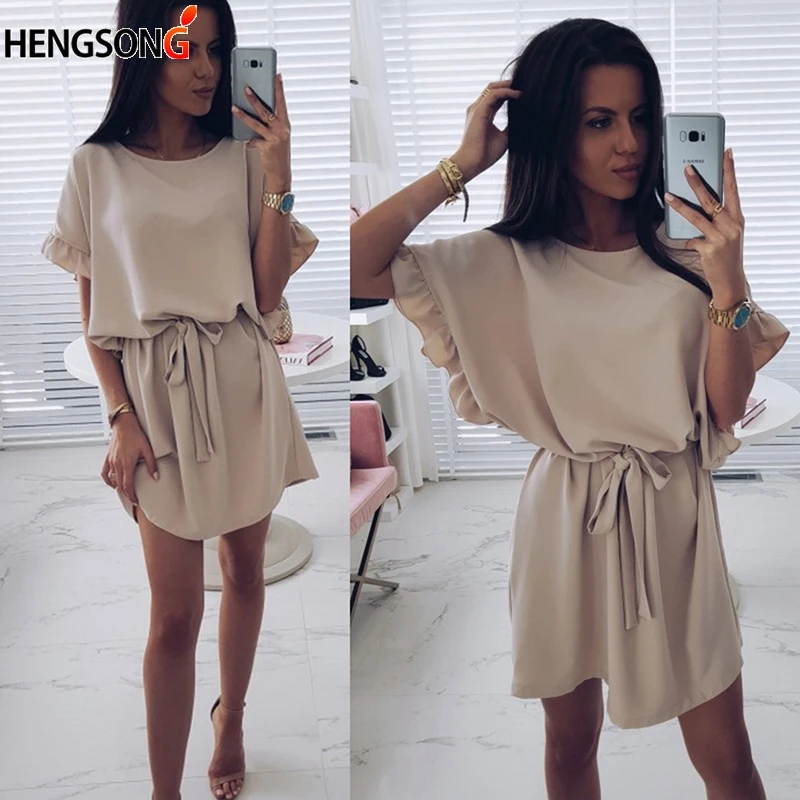 

New Fashion Women's Casual O-Neck Batwing Sleeve Ruffled Belt Dresses Elegant Loose Dress Ladies Beach Mini Female Vestidos