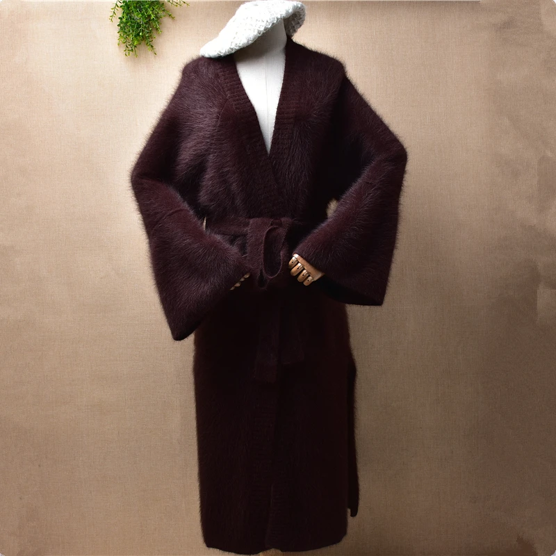

Плотный женский зимний теплый длинный свитер 1,3 кг из плотного меха норки и кашемира с длинными расклешенными рукавами и поясом, Свободный д...