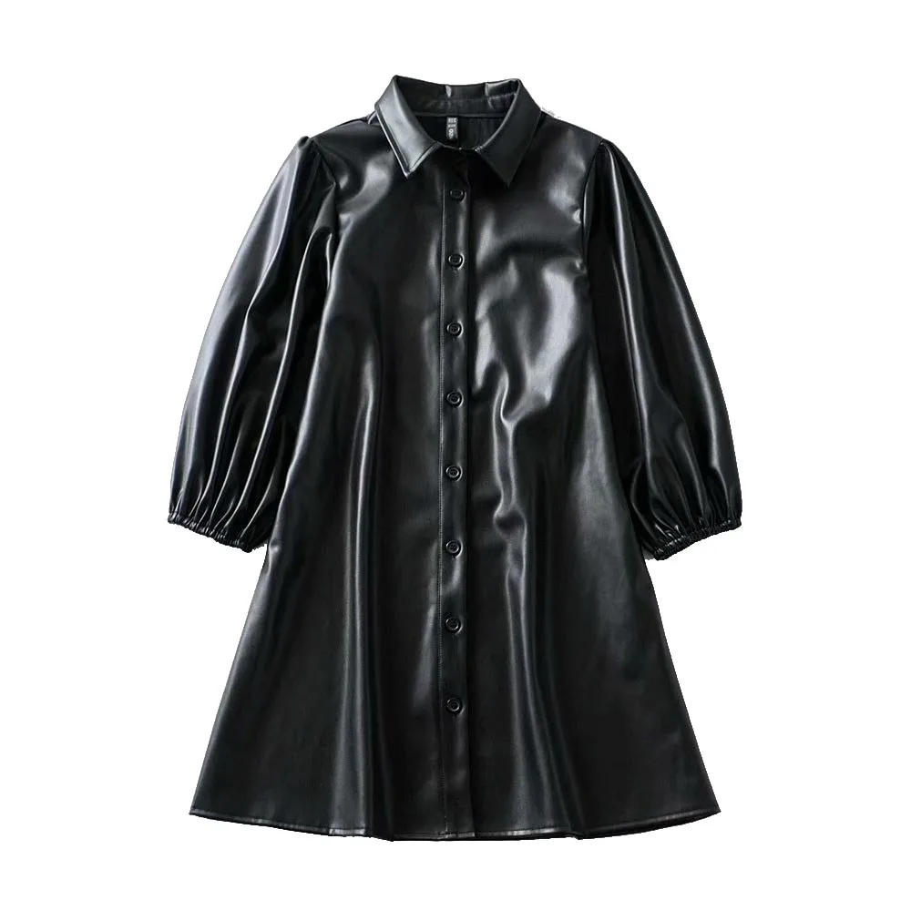 QZ196 женское платье из искусственной кожи три четверти отложной воротник крутое