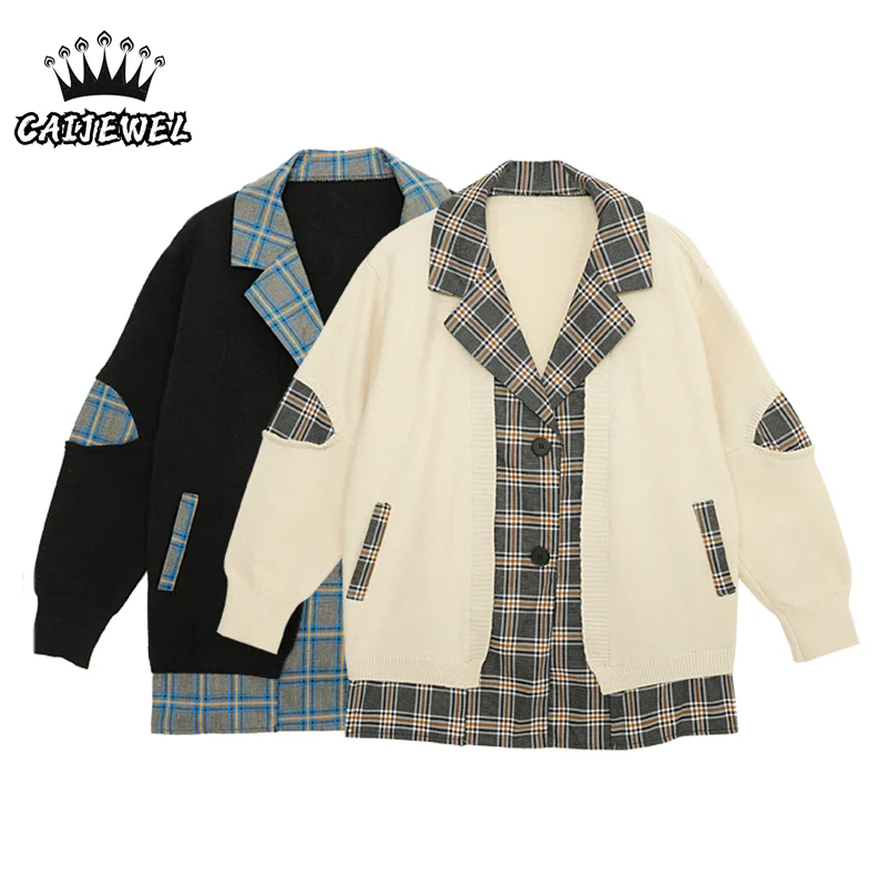 

Plaid Vintage Women's Sweater Autumn Winter Fashion Knitted Cardigan Baggy Ladies Tops Knitted Sweater Jackets Oversized Coat