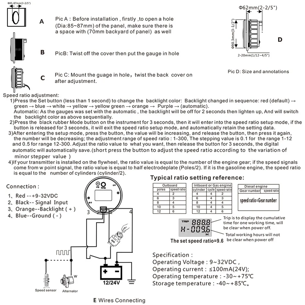

85mm Boat Tachometer with LCD Hourmeter 6000 RPM Tachometer for Diesel Gasoline Engine Marine Car Tacho Meter 7 Color Backlight