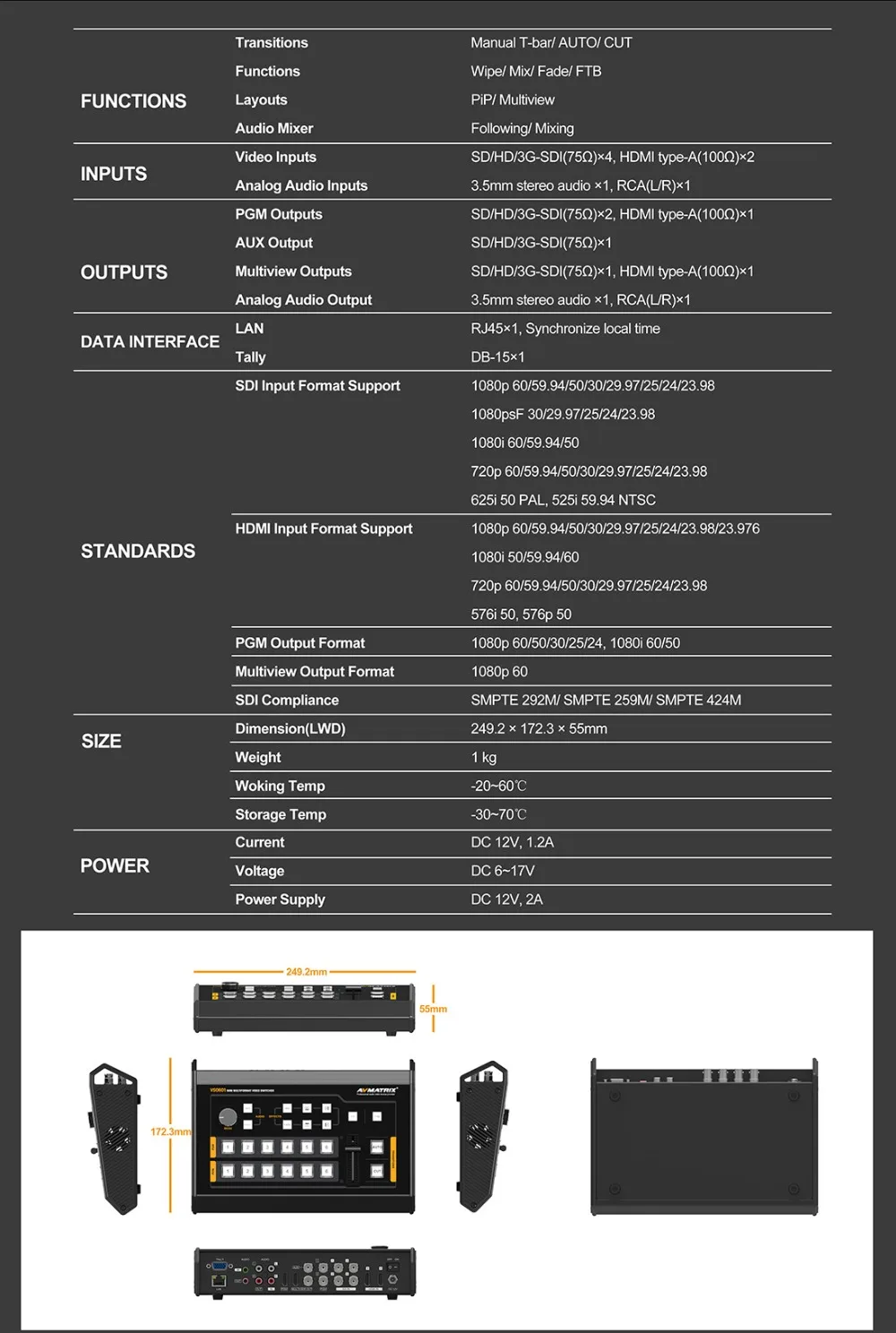 Avmatrix VS0601 мини 6-канальный SDI/HDMI мульти-формат видео коммутатор с центральным ремешком в виде буквы т, авто, переходов и протрите эффекты