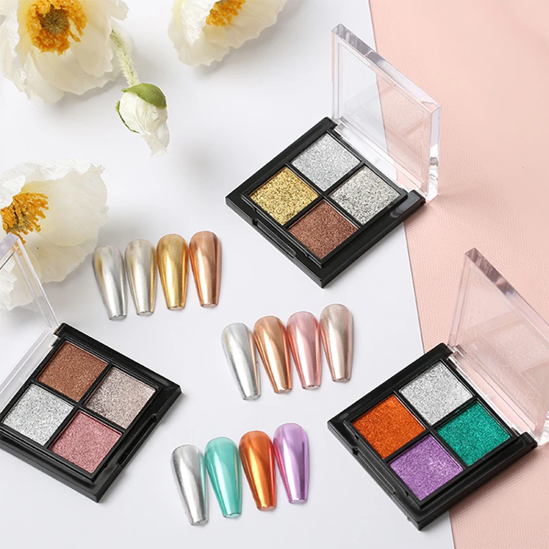 O.R.I Four Color Solid Mirror Nail Powder Holographic Decoration Manicure Tool Set Glitter Aurora Chrome Nail Pigment Powder