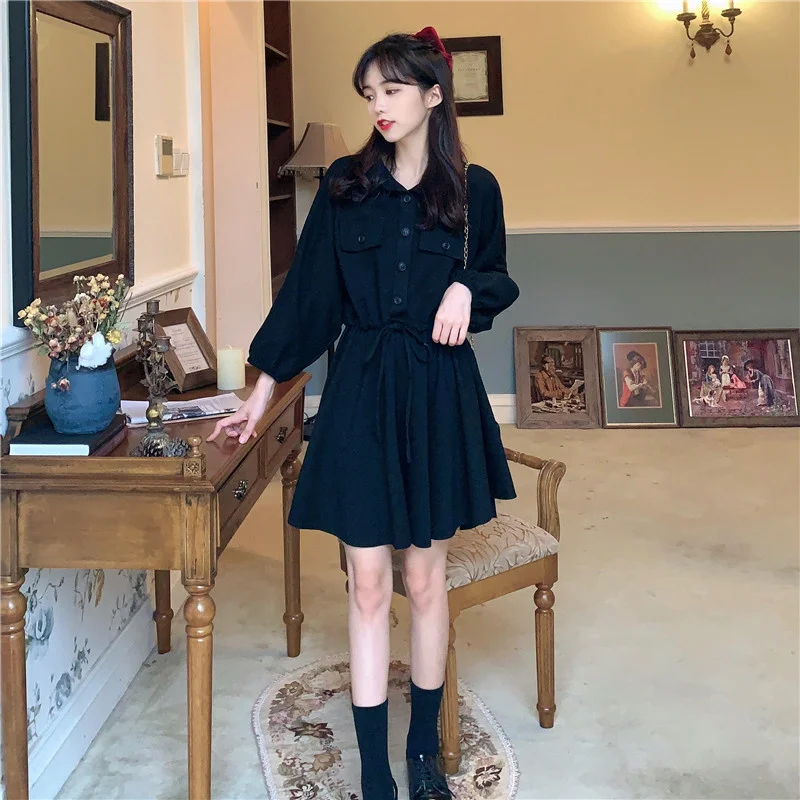 

Женское приталенное платье с длинным рукавом, ТРАПЕЦИЕВИДНОЕ ПЛАТЬЕ с воротником-поло и поясом на завязках, в Корейском стиле, весна 2021