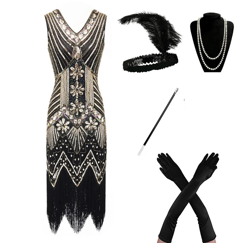 gold set 1920s Flapper платье Great Gatsby вечерние платья с блестками и бахромой - Цвет: gold set