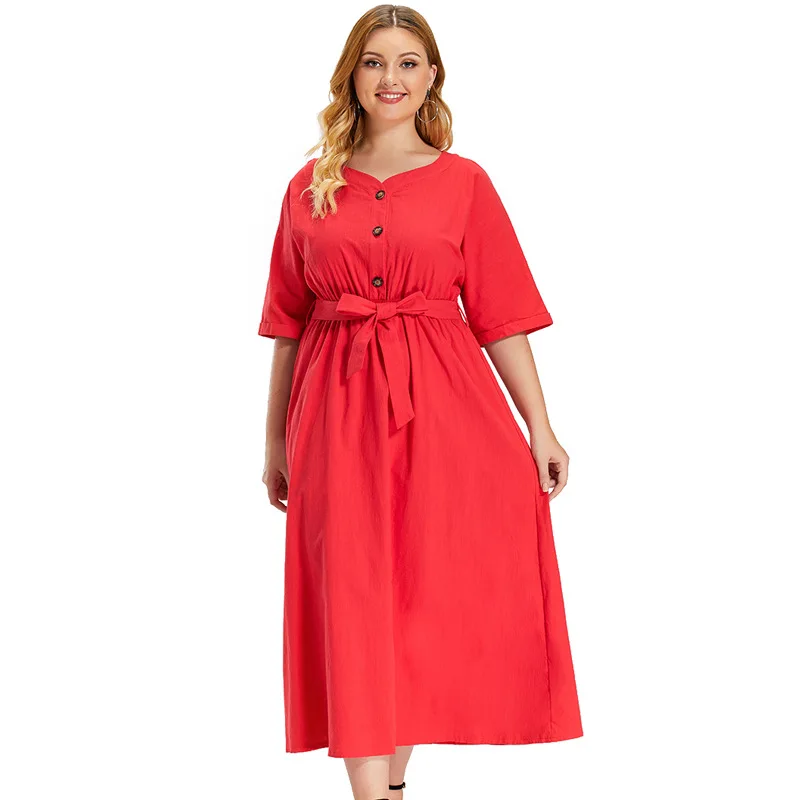 

Red XL To 4XL Plus Size Dress Women High Waist Long Dress with Sashes Casual Summer Dresses TA6211