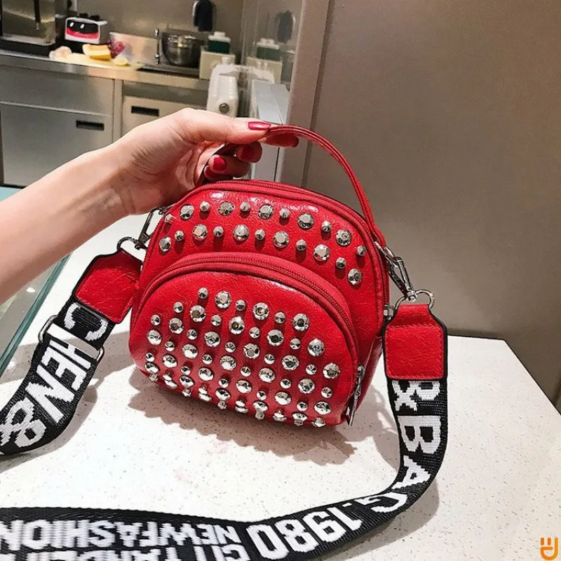 

Women's Soft Leather Bag Korea version multi-strap rivet bag women's fashion one-shoulder broadband straddle bag