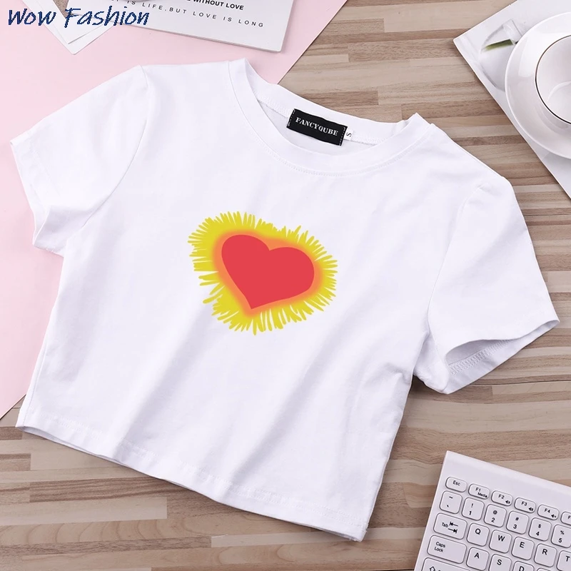 

A Woman's Heart Print T-shirt Casual O-Neck Hit Color Short Sleeve Oversized Cotton Tees Streetwear Female Plus Size S-XL Tops