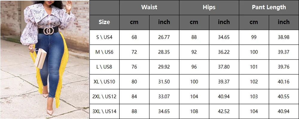 

Fashion Yellow Tassel Skinny Jeans For Women High Waisted Vintage Blue Pencil Denim Trousers Plus Size Female Slim Winter Pants