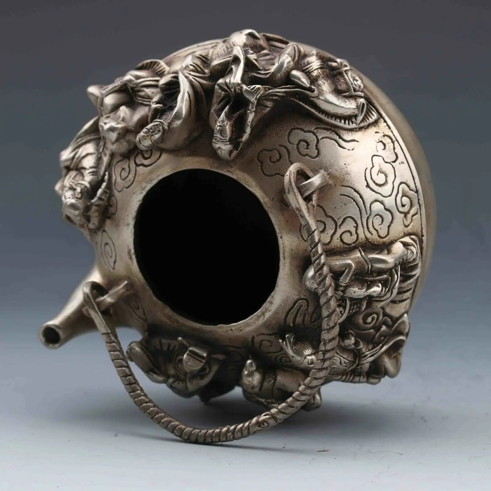 

DELICATE CHINESE TIBET SILVER COPPER HANDWORK CARVED EIGHT IMMORTALS TEAPOT