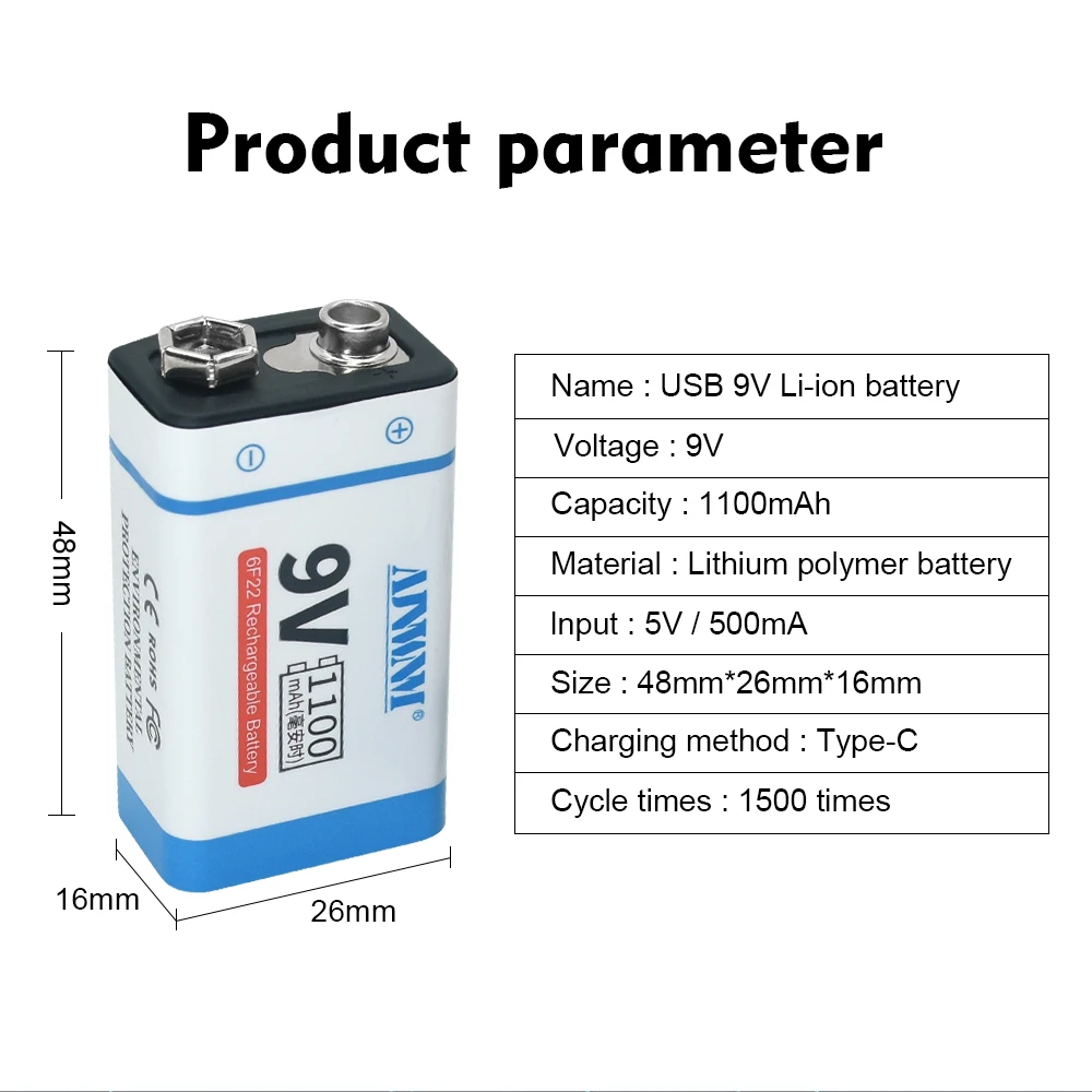 Аккумуляторная батарея 6F22 литиевая 9 В для металлоискателя модели вертолета
