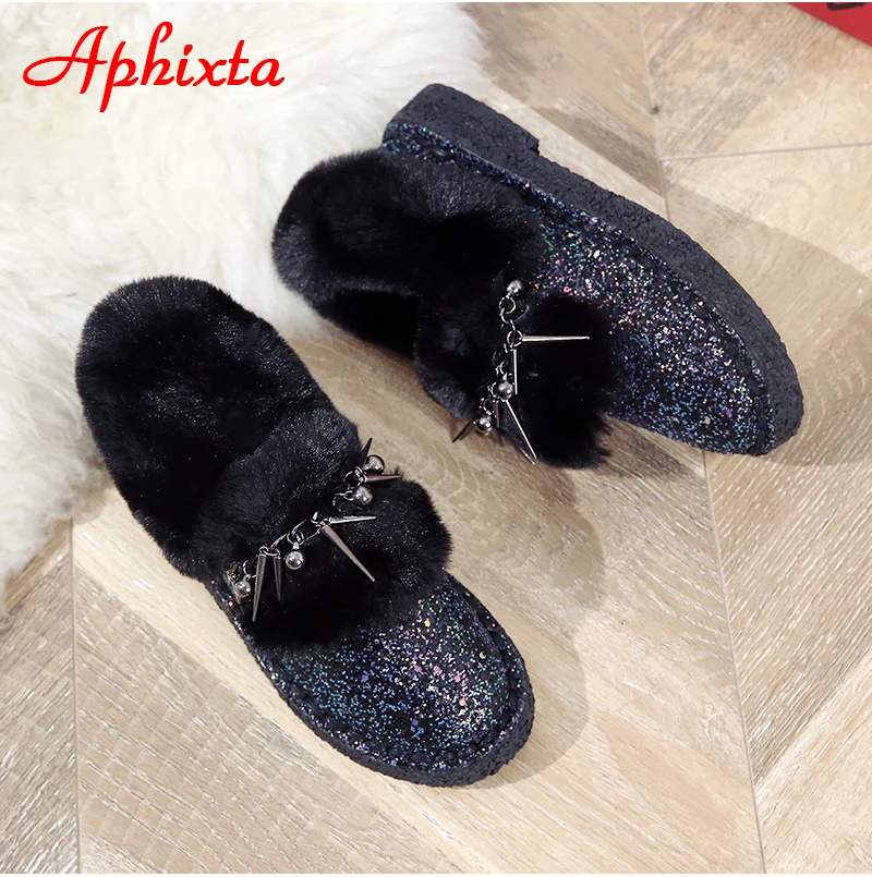 Сапоги aphixta; женские зимние ботильоны на плоской подошве; теплая женская обувь на платформе; женские меховые сапоги с круглым носком и металлической бахромой; Botas Mujer