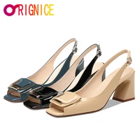 orignice 2021 new summer women classic shoes peep toe chunky heels women sandals patent leather buckle slingback sandals black