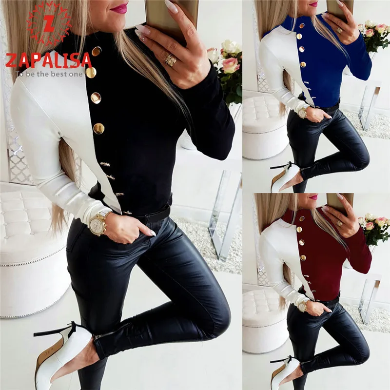 Черно-белая Лоскутная водолазка приталенная элегантная женская футболка