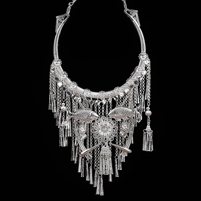 LosoDo National style exaggerated Tribal women's large collar Miao silver chest neck female jewelry show holiday gifts pusheen |
