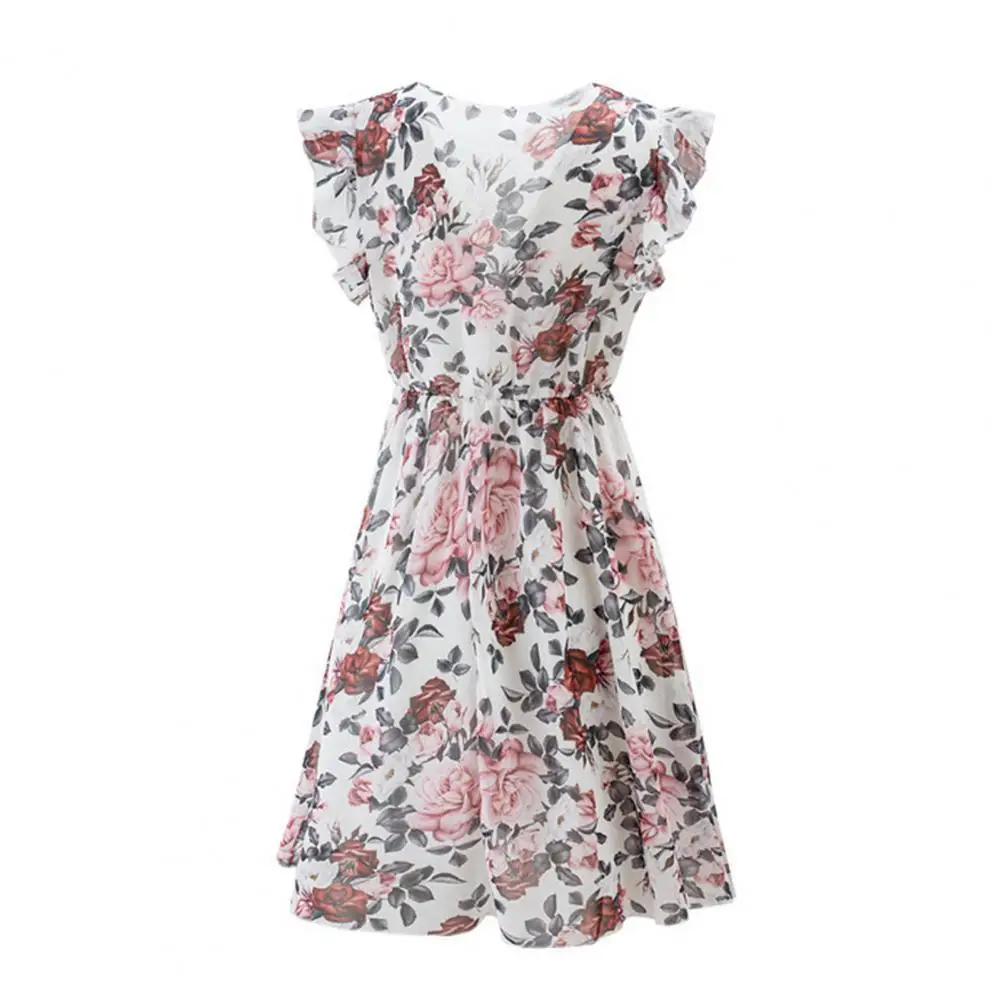 

Midi Dress Floral Print Ruffles Sleeve Women Round Neck Large Hem Dress for Dating