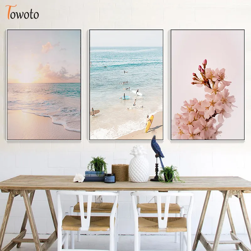 Nordic Landscape Canvas Painting for Living Room Poster Print Coastline Sea Wall Art Pink Flower Decoration Picture Home Decor | Дом и сад