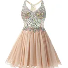 Шифоновые короткие платья цвета шампанского для выпускного вечера с бисером