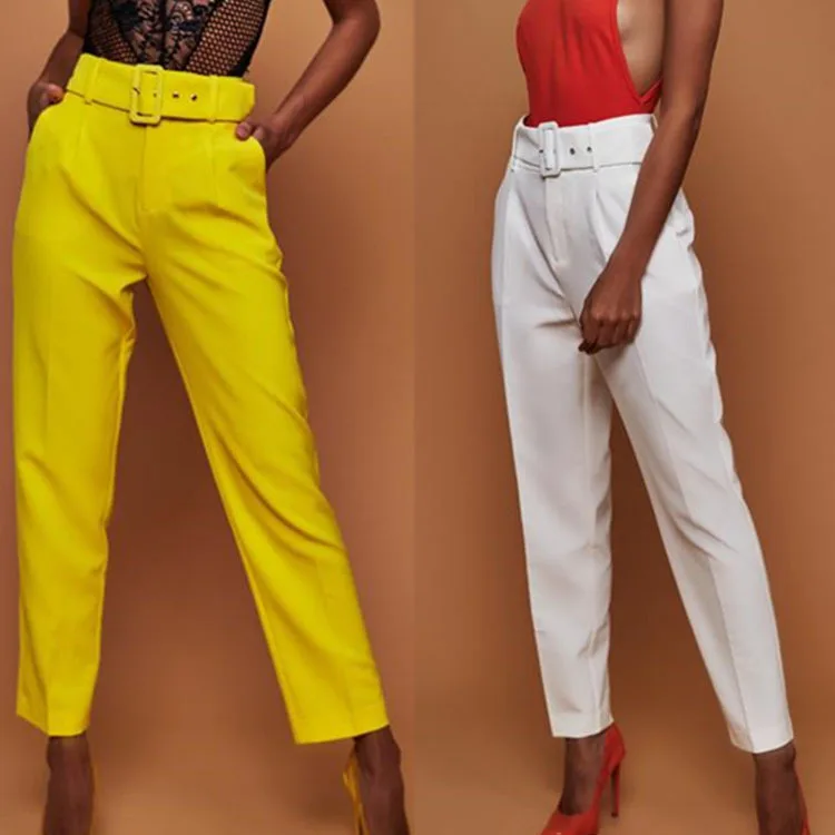 

New style ladies casual pants high waist solid color cropped trousers straight trousers with belt