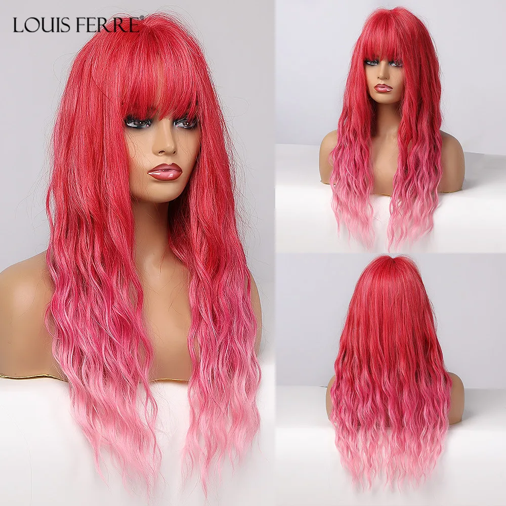 

LOUIS FERRE Long Ombre Rose Red Pink Synthetic Wigs Blue Purple Cosplay Wave Wig with Bnags for Black Women Heat Resistant Fibre