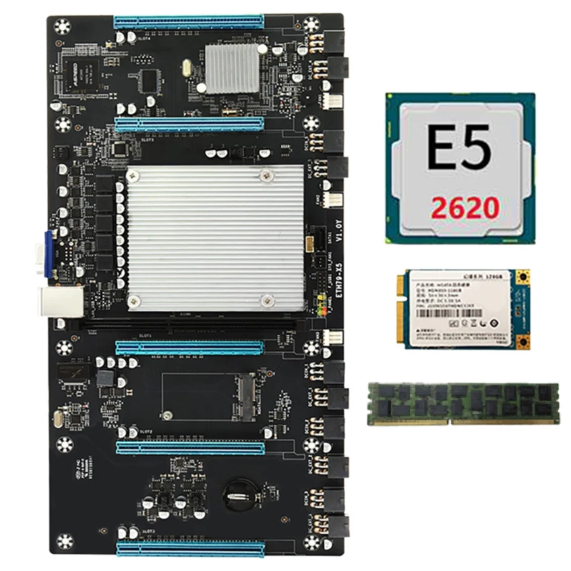 

ETH79-X5 BTC Mining Motherboard with E5 2620 CPU+8G DDR3 RAM+128G SSD H61 LGA 2011 V1/V2 65mm PCIE 16X for 3060 3080