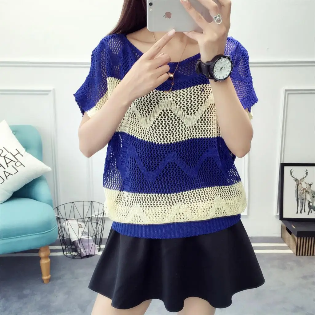 Женский свитер пуловер круглый вырез короткий рукав в полоску Повседневный