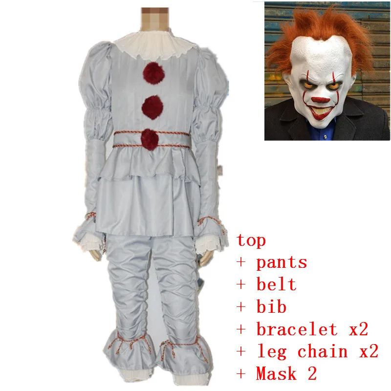 costume mask 2 Фильм Стивен Кинг это пеннивайз Косплей костюмы Маска пеннивайз клоун Страшный Джокер костюм комплект Хэллоуин костюм для взрослых - Цвет: costume mask 2