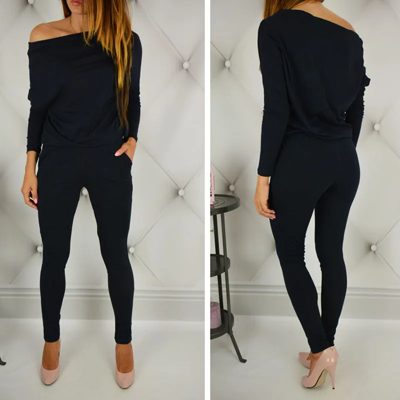 Off Shoulder Bodysuit Women Sexy Slash Neck Long Sleeve Pencil Pants Casual Women's Pocktes Jumpsuit Plus Size | Женская одежда