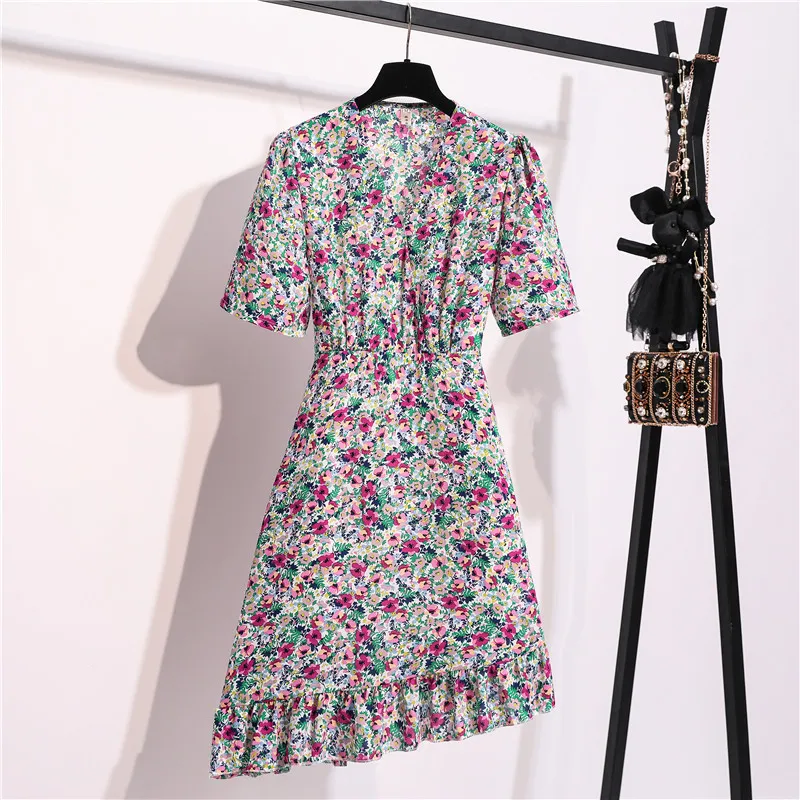 

Fashion Hem Irregular Ruffle Floral Women Dress 2020 Summer Korean Chiffon Dresses Slim Vestidos Short Sleeve V-neck Midi Dress