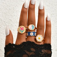 fashion geometric enamel flower taichi yinyang rings set sweet gold finger rings for women girl personality jewelry gifts