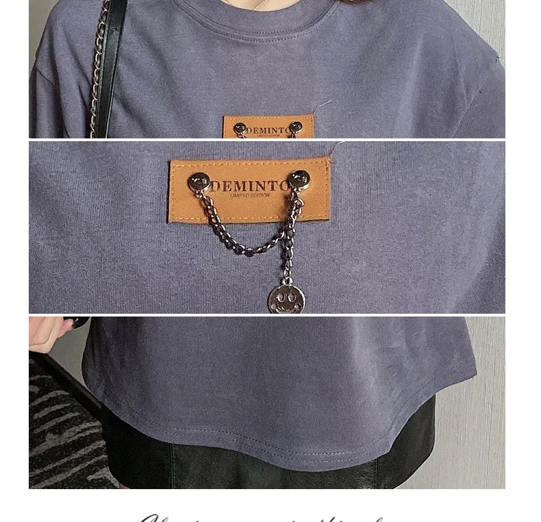 

Cotton Chain Patchwork Women T Shirt Summer Short Sleeve O-neck Casual Loose Tees Tops Korean Fashion Female T-shirts 2021