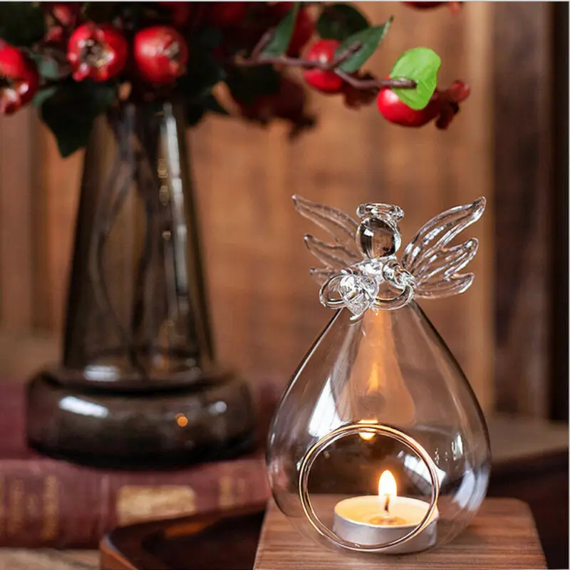 

1Pcs Hollow Glass Angel Crystal Hanging Tea Light Candle Holder Candlestick Home Garden Night Wedding Outdoor Tea Light Decor