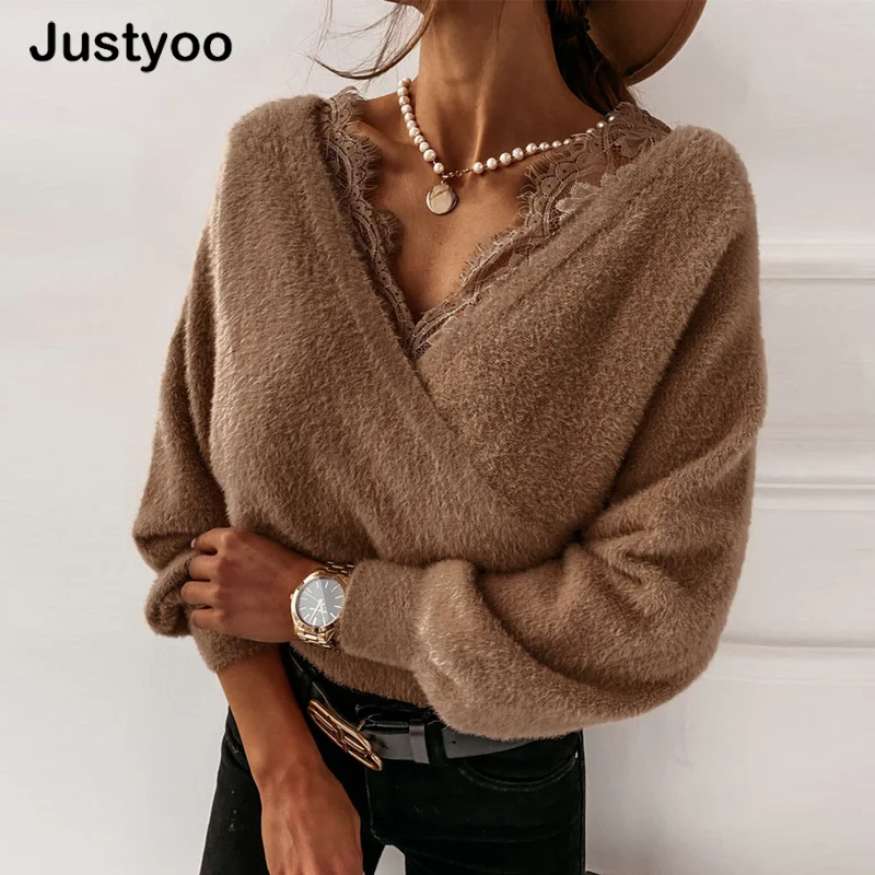 

Женский фланелевый свитер с кружевом и глубоким V-образным вырезом, элегантный однотонный белый дамский пуловер с длинным рукавом, Повседне...