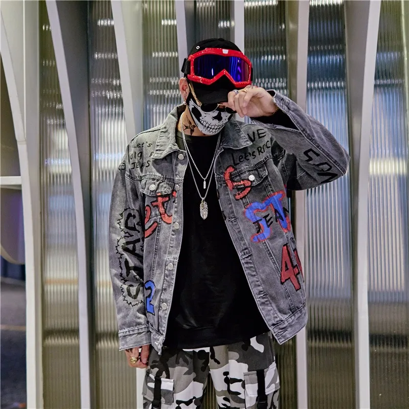 

Hip Hop Graffiti Print Denim Jacket Men Cotton Turn-down Jeans Coat Jacket Streetwear 2019 Spring Autumn Tops for Male Outwear