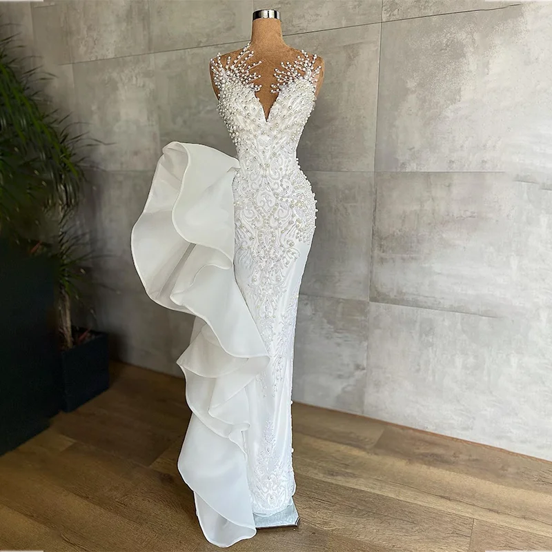 

Luxury Pearls Mermaid Wedding Dresses Lace Beading Sheer Jewel Neck Modest Bridal Dress Floor Length Vestido De Noiva