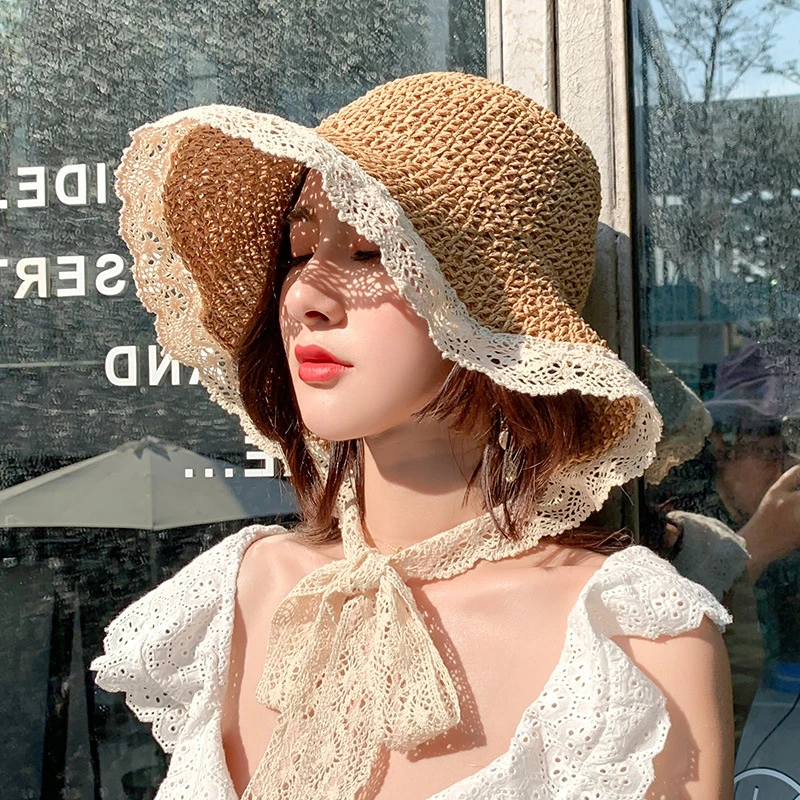 

Straw hat women's Beach big hat brim lace tie big headband women's hat sun protection hat for spring and summer outing