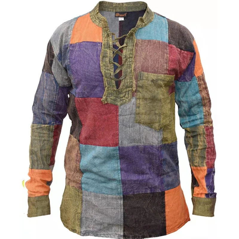 Рубашка мужская с длинным рукавом модная блуза винтажным принтом уличный топ